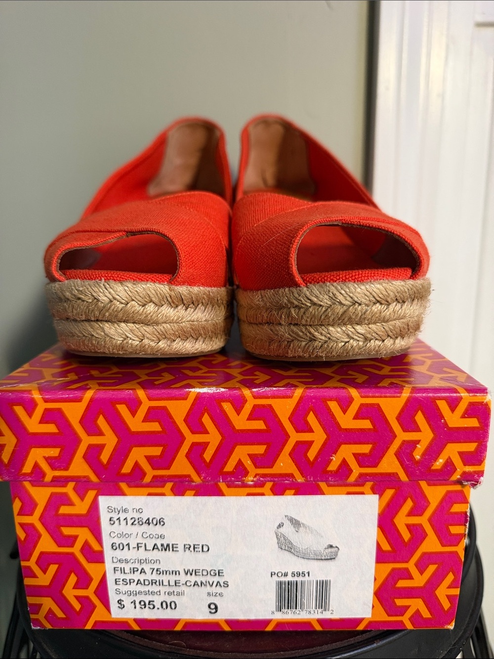 Tory Burch Flame Red Espadrille Wedge Peep-Toe
